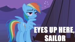 Size: 1912x1080 | Tagged: safe, edit, edited screencap, screencap, rainbow dash, pegasus, pony, over a barrel, eyes up here, grumpy, image macro, plot, solo