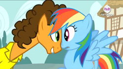 Size: 880x495 | Tagged: safe, screencap, cheese sandwich, rainbow dash, pegasus, pony, pinkie pride, smiling, weird al yankovic