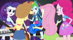 Size: 1280x714 | Tagged: safe, derpibooru import, screencap, applejack, fluttershy, pinkie pie, rainbow dash, rarity, equestria girls, rainbow rocks, angry, argument, balloon, bass guitar, bracelet, clothes, electric guitar, guitar, jewelry, keytar, musical instrument, skirt, turning against each other