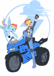 Size: 2480x3508 | Tagged: safe, artist:pk4g, derpibooru import, rainbow dash, human, duo, fangs, grin, human ponidox, humanized, motorcycle, raised arm, self ponidox, simple background, white background