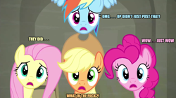 Size: 1280x716 | Tagged: safe, derpibooru import, screencap, applejack, fluttershy, pinkie pie, rainbow dash, earth pony, pegasus, pony, the saddle row review, reaction image, vulgar