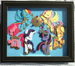 Size: 1610x1406 | Tagged: safe, artist:the-paper-pony, derpibooru import, applejack, fluttershy, pinkie pie, rainbow dash, rarity, twilight sparkle, armor, craft, custom, elements of harmony, irl, mane six, papercraft, photo, shadowbox