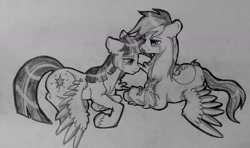 Size: 1024x607 | Tagged: safe, artist:themoonraven, rainbow dash, twilight sparkle, twilight sparkle (alicorn), alicorn, pegasus, pony, crying, female, grayscale, lesbian, magical lesbian spawn, mare, offspring, parent:rainbow dash, parent:twilight sparkle, parents:twidash, shipping, traditional art, twidash