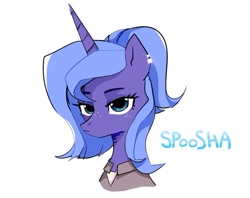 Size: 807x639 | Tagged: safe, artist:spoosha, princess luna, alicorn, pony, bust, clothes, freckles, s1 luna, shirt, solo