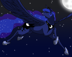 Size: 908x723 | Tagged: safe, artist:empressspacegoat, princess luna, alicorn, pony, ethereal mane, eyes closed, female, flying, mare, moon, night, open mouth, sky, solo, starry mane, stars, wings