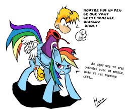 Size: 682x605 | Tagged: safe, artist:manakono, rainbow dash, pegasus, pony, angry, crossover, french, rayman, ubisoft