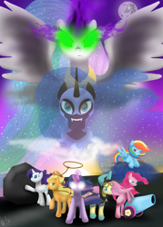 Size: 1000x1400 | Tagged: safe, artist:silent-x-sketch, derpibooru import, applejack, fluttershy, nightmare moon, pinkie pie, princess celestia, princess luna, rainbow dash, rarity, twilight sparkle, alicorn, earth pony, pegasus, pony, unicorn, blushing, bunny ears, clothes, costume, dangerous mission outfit, dark magic, female, glowing eyes, goggles, hoodie, lasso, magic, mane six, mare, mare in the moon, moon, party cannon, sombra eyes