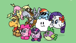 Size: 1920x1080 | Tagged: safe, artist:shyguyxxl, derpibooru import, applejack, fluttershy, pinkie pie, rainbow dash, rarity, spike, twilight sparkle, bob-omb, bomb, bombette, bow, cloud, cowboy hat, flying, freckles, goomba, goombario, green background, hat, hilarious in hindsight, horn, koopa troopa, koopafied, kooper, lady bow, lady rariboo, lakilester, lakitu, lakitu cloud, lil sparky, looking up, mailbag, mane seven, mane six, nintendo, paper mario, parakarry, paratroopa koopa, scrunchy face, simple background, smiling, species swap, style emulation, sunglasses, super mario bros., video game, wings