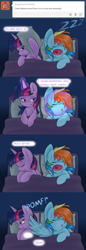 Size: 1280x3720 | Tagged: safe, artist:ambris, rainbow dash, twilight sparkle, twilight sparkle (alicorn), alicorn, pegasus, pony, ask twidash, bed, comic, female, lesbian, magic, mare, pomf, shipping, sleeping, snoring, tumblr, twidash, twilight is not amused, unamused, wingboner, zzz