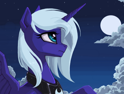 Size: 1350x1020 | Tagged: safe, artist:gluemakers, princess luna, alicorn, pony, bust, cloud, female, full moon, mare, moon, night, portrait, s1 luna, sky, solo, stars