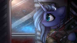 Size: 2665x1499 | Tagged: safe, artist:reterica, princess luna, alicorn, pony, crossover, dead space, gun, solo, weapon