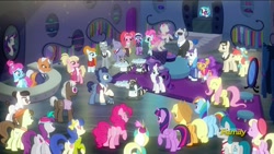 Size: 1920x1080 | Tagged: safe, derpibooru import, screencap, applejack, azure velour, bleeding heart, blue bobbin, blueberry curls, bubblegum blossom, colton john, crimson cream, diamond cutter, dj pon-3, fashion statement, flashdancer, fluttershy, joan pommelway, levon song, luckette, mare e. belle, mr. stripes, pacific glow, pegasus olsen, pinkie pie, pinot noir, plaid stripes, rainbow dash, rarity, roger silvermane, shiraz, silver berry, smoky, smoky jr., softpad, starke kragen, sterling silver, twilight sparkle, twilight sparkle (alicorn), vinyl scratch, alicorn, earth pony, pegasus, pony, raccoon, unicorn, the saddle row review, bouncer, business savvy, crowd, discovery family logo, female, honey curls, lockdown, mane six, mare, mare e. lynn, not pinkie pie, peggy holstein, upper east side, waxton