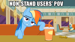 Size: 827x469 | Tagged: safe, derpibooru import, edit, edited screencap, screencap, rainbow dash, pegasus, pony, the saddle row review, caption, discovery family logo, drink, image macro, jojo's bizarre adventure, meme, stand