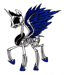 Size: 900x1041 | Tagged: safe, artist:sketchywolf-13, princess luna, alicorn, pony, skeleton pony, bone, collar, crown, feather, horn, jewelry, logo, regalia, simple background, skeleton, skull, solo, traditional art, white background, wings