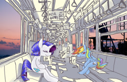 Size: 1817x1181 | Tagged: safe, artist:yachimata, rainbow dash, rarity, pegasus, pony, unicorn, city, cityscape, pixiv, sitting, train