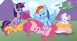 Size: 750x404 | Tagged: safe, artist:allosaurus, artist:megasweet, derpibooru import, gummy, pinkie pie, rainbow dash, scootaloo, sweetie belle, twilight sparkle, earth pony, pegasus, pony, book, levitation, magic, sleeping, tired