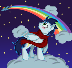 Size: 1024x962 | Tagged: safe, artist:rebron-y, artist:tomcolt15, rainbow dash, soarin', pegasus, pony, blushing, cloud, cloudy, female, male, night, shipping, soarindash, straight