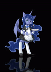 Size: 2480x3507 | Tagged: safe, artist:courtnolu, princess luna, alicorn, pony, apron, bipedal, black background, clothes, cuffs (clothes), cute, dress, drink, female, glass, high res, looking at you, lunabetes, maid, mare, one eye closed, pixiv, simple background, socks, solo, tray, wine glass, wink