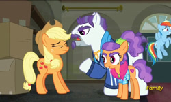 Size: 795x477 | Tagged: safe, derpibooru import, screencap, applejack, mr. stripes, plaid stripes, rainbow dash, earth pony, pegasus, pony, the saddle row review, discovery family logo