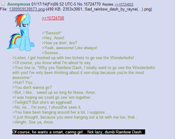 Size: 568x449 | Tagged: safe, rainbow dash, pegasus, pony, /mlp/, 4chan, anon in equestria, greentext, meta, rejection, rejection is magic, sad, text