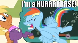 Size: 960x531 | Tagged: safe, ms. harshwhinny, rainbow dash, pegasus, pony, flight to the finish, eyes closed, faic, flapping, frown, hoers, hub logo, image macro, nose wrinkle, open mouth, raised hoof, smiling, unprofessional, wide eyes