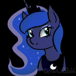 Size: 1000x1000 | Tagged: safe, artist:heart_of_bastet, artist:surge-lightning, princess luna, alicorn, pony, black background, bust, crown, cute, female, jewelry, lunabetes, lunadoodle, mare, portrait, regalia, simple background, solo