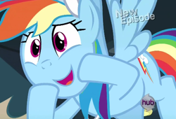 Size: 496x338 | Tagged: safe, screencap, rainbow dash, pegasus, pony, flight to the finish, faic, flying, hub logo, solo