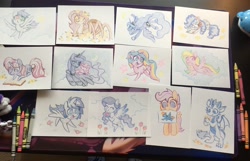 Size: 2048x1320 | Tagged: safe, artist:dawnfire, pinkie pie, princess luna, scootaloo, oc, alicorn, dragon, earth pony, monster pony, original species, pegasus, pony, spiderpony, unicorn, book, commission, crayon drawing, dragon oc, earth pony oc, female, horn, irl, lesbian, lunapie, pegasus oc, photo, shipping, traditional art, unicorn oc, wings