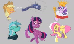 Size: 1784x1069 | Tagged: safe, artist:another_pony, applejack, fluttershy, lyra heartstrings, princess luna, starlight glimmer, twilight sparkle, twilight sparkle (alicorn), alicorn, earth pony, pegasus, pony, bed, clothes, doodle, hoodie, scepter, sketch, sketch dump