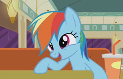 Size: 928x596 | Tagged: safe, derpibooru import, screencap, rainbow dash, pegasus, pony, the saddle row review, cute, dashabetes, drink, female, image macro, mare, meme, open mouth, sitting, smiling, solo