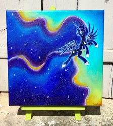 Size: 1024x1141 | Tagged: safe, artist:colorsceempainting, princess luna, alicorn, pony, acrylic painting, female, flying, jewelry, mare, photo, regalia, solo, traditional art