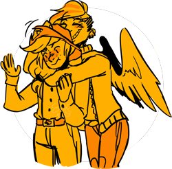 Size: 900x886 | Tagged: safe, artist:stevetwisp, derpibooru import, applejack, rainbow dash, human, appledash, female, hug from behind, humanized, lesbian, shipping, winged humanization