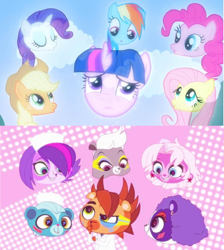 Size: 612x683 | Tagged: safe, derpibooru import, screencap, applejack, fluttershy, pinkie pie, rainbow dash, rarity, twilight sparkle, dog, earth pony, hedgehog, monkey, panda, pegasus, pony, skunk, unicorn, a canterlot wedding, bbbff, comparison, floating head, littlest pet shop, mane six, minka mark, mongoose, penny ling, pepper clark, russell ferguson, sunil nevla, zoe trent