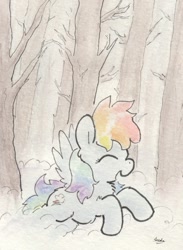 Size: 676x922 | Tagged: safe, artist:slightlyshade, rainbow dash, pegasus, pony, eyes closed, fog, happy, solo, traditional art, tree