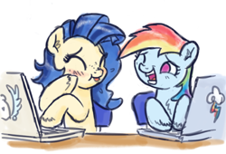 Size: 800x543 | Tagged: safe, artist:king-kakapo, rainbow dash, oc, oc:milky way, pegasus, pony, /mlp/, computer, female, giggling, laptop computer, laughing, mare, table, trolling