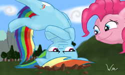 Size: 854x512 | Tagged: safe, artist:reformational, derpibooru import, pinkie pie, rainbow dash, earth pony, pegasus, pony, crash, rainbow crash, unamused, upside down