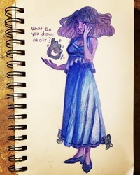 Size: 1080x1351 | Tagged: safe, artist:queationablyclutteredjelly, princess luna, human, clothes, dark skin, dress, humanized, irl, notepad, photo, solo, talking, traditional art