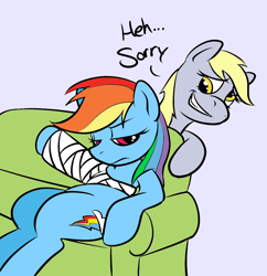 Size: 774x800 | Tagged: safe, artist:okiedokielowkey, derpy hooves, rainbow dash, pegasus, pony, cast, female, hilarious in hindsight, mare, sofa