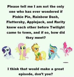 Size: 500x522 | Tagged: safe, derpibooru import, applejack, fluttershy, pinkie pie, rainbow dash, earth pony, pegasus, pony, discussion, text