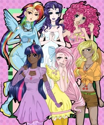 Size: 747x900 | Tagged: safe, artist:temperednightsky, derpibooru import, applejack, fluttershy, pinkie pie, rainbow dash, rarity, twilight sparkle, horned humanization, humanized, mane six, winged humanization