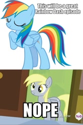 Size: 495x751 | Tagged: safe, derpy hooves, rainbow dash, pegasus, pony, rainbow falls, female, image macro, mare, nope, roflbot, the grey one's glorious return