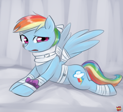 Size: 1100x1000 | Tagged: safe, artist:norang94, rainbow dash, pegasus, pony, rainbow falls, bandage, cast, feignbow dash, neck brace, pretending, solo, that was fast