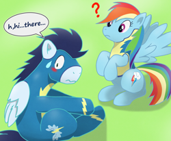 Size: 1024x845 | Tagged: safe, artist:amago-vaccine, derpibooru import, rainbow dash, soarin', pegasus, pony, blushing, clothes, female, male, question mark, shipping, soarindash, straight, wonderbolts uniform