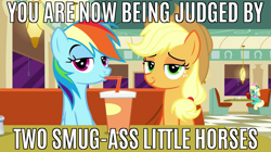 Size: 1279x717 | Tagged: safe, derpibooru import, edit, edited screencap, screencap, applejack, rainbow dash, earth pony, pegasus, pony, the saddle row review, caption, cup, drink, drinking, image macro, lidded eyes, looking at you, meme, reaction image, restaurant, sipping, sitting, smiling, smug, straw, text, vulgar