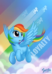 Size: 848x1200 | Tagged: safe, artist:mysticalpha, rainbow dash, pegasus, pony, cloud, cloudy, flying, solo