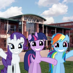 Size: 960x960 | Tagged: safe, rainbow dash, rarity, twilight sparkle, pegasus, pony, unicorn, building, earth, kent state university, meme, ohio, outdoors, smiling, waving