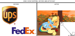 Size: 1000x484 | Tagged: safe, derpibooru import, applejack, rainbow dash, earth pony, pegasus, pony, appledash, do not want, fedex, female, lesbian, pun, shipping, ups