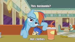 Size: 1024x573 | Tagged: safe, derpibooru import, edit, edited screencap, screencap, flash sentry, rainbow dash, equestria girls, the saddle row review, diner, discovery family logo, duo, exploitable meme, flashdash, flashface, honey curls, husbando, husbando thief, image macro, mare e. lynn, meme, not clothes, table