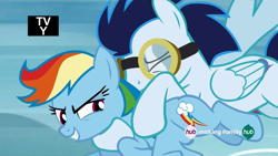 Size: 1366x768 | Tagged: safe, screencap, rainbow dash, soarin', pegasus, pony, rainbow falls, female, hub logo, male, mare, riding, stallion