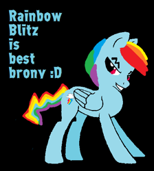 Size: 486x542 | Tagged: safe, artist:remixpop122, derpibooru import, rainbow blitz, rainbow dash, pegasus, pony, :d, op is a silly pony, rule 63, solo, text